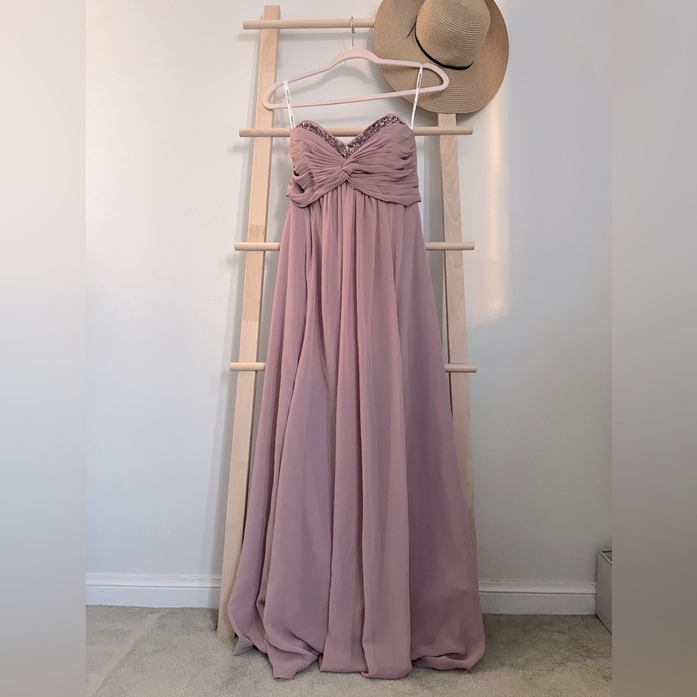 David’s bridal strapless bridesmaid dress in quartz, size 2, length 47 inches.